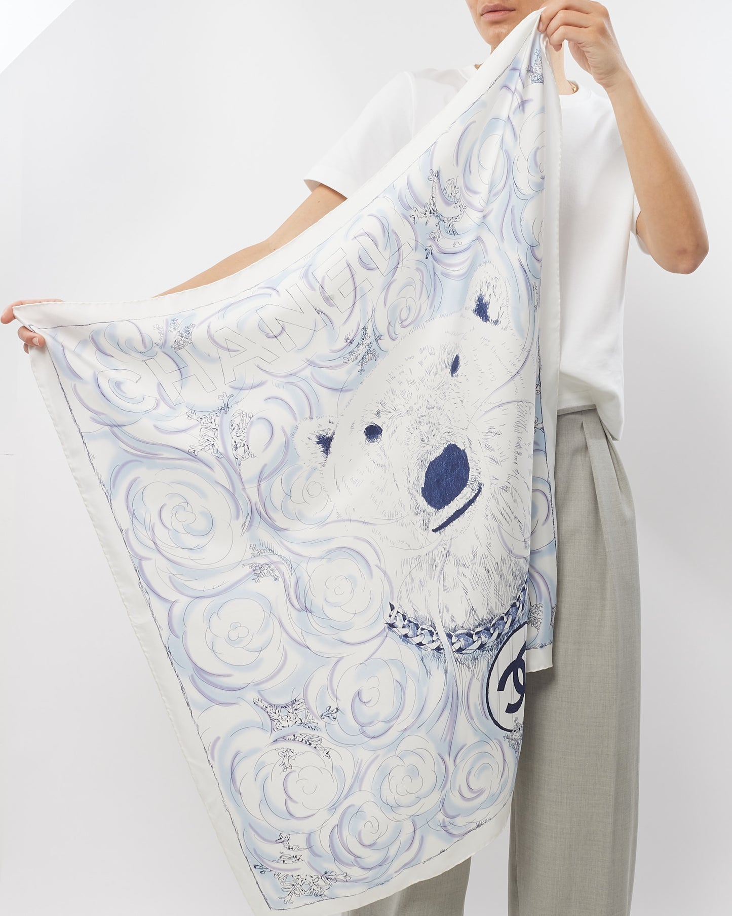 Chanel White & Blue Polar Bear Camellia Logo Silk Scarf