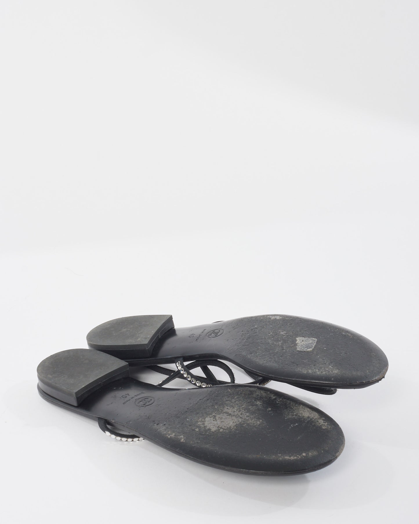 Chanel Black & Rhinestone Logo Thong Strappy Sandals - 40