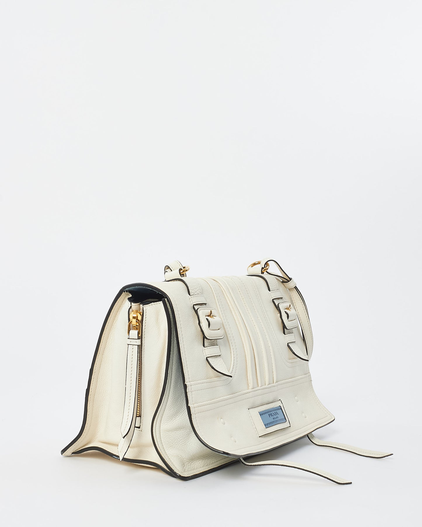 Prada White Leather Medium Etiquette Patch Buckle Shoulder Bag