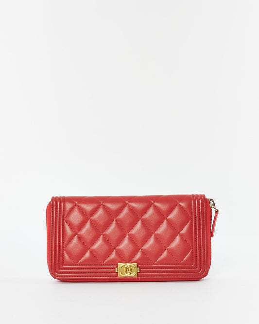 Chanel Red Lambskin Leather Boy Long Zip Around Wallet