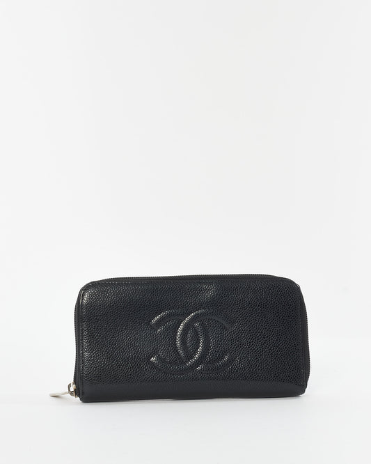 Chanel Black Caviar Leather Embossed Logo Long Zip Wallet