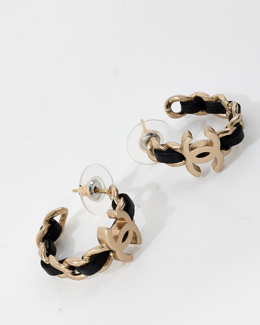 Chanel Leather & Chain Intertwined Silver Hoop Earrings