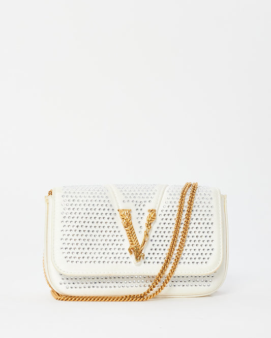 Versace White Satin Rhinestone Virtus Crossbody Bag