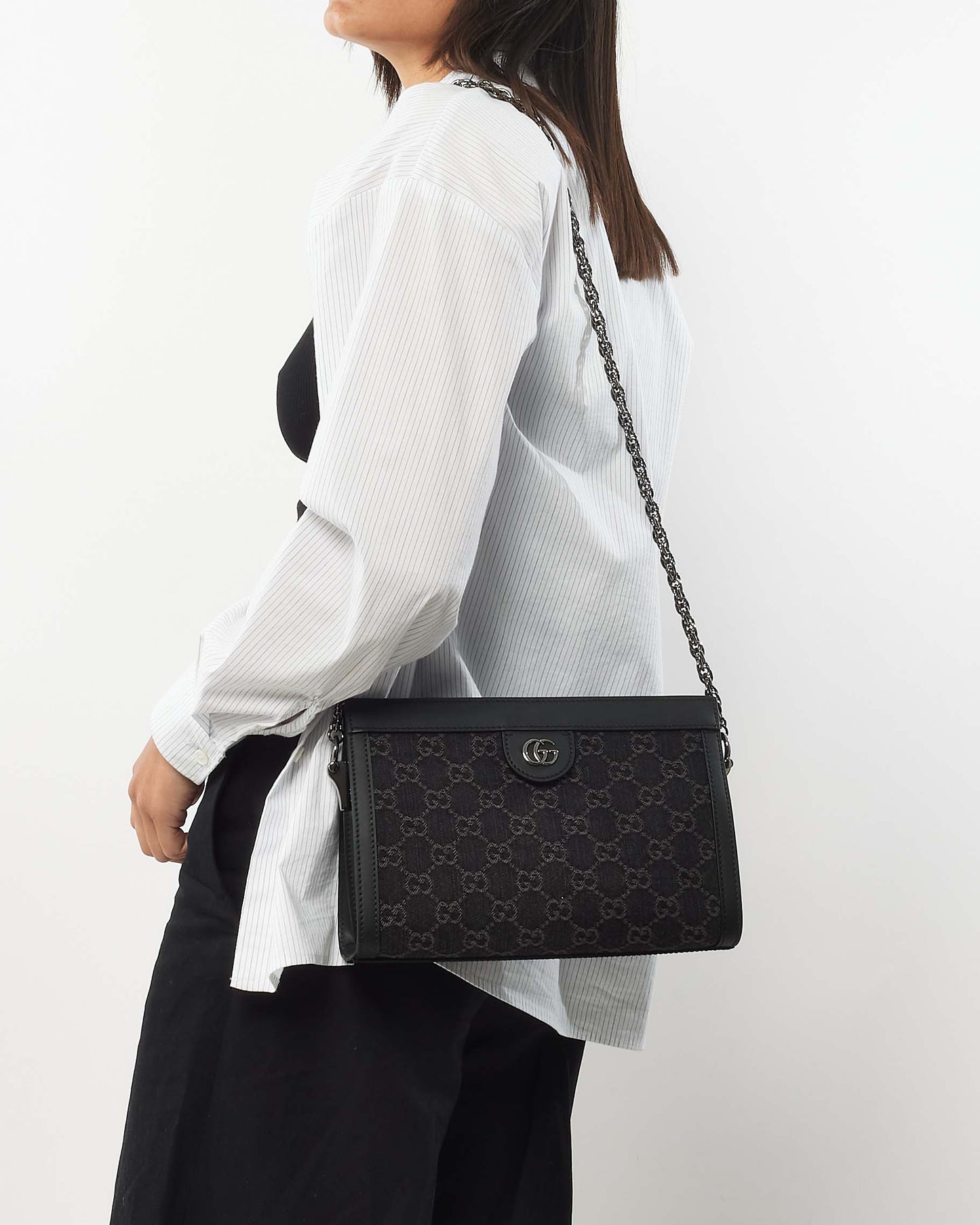 Gucci Black Monogram Canvas GG Ophidia Chain Shoulder Bag