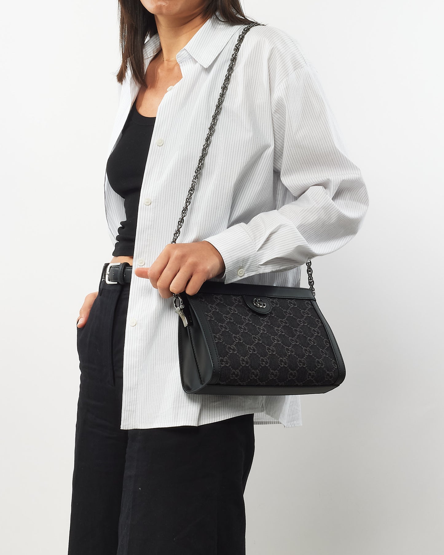 Gucci Black Monogram Canvas GG Ophidia Chain Shoulder Bag