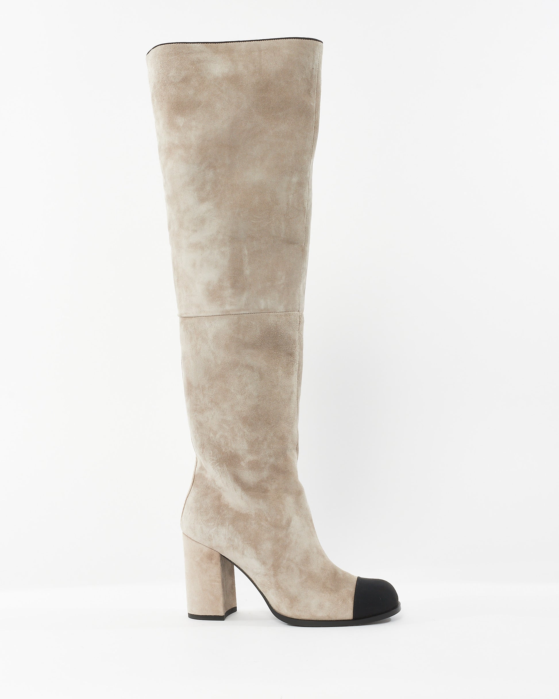 Buy Chanel Grey Suede Over The Knee Cap Toe Boots 38
