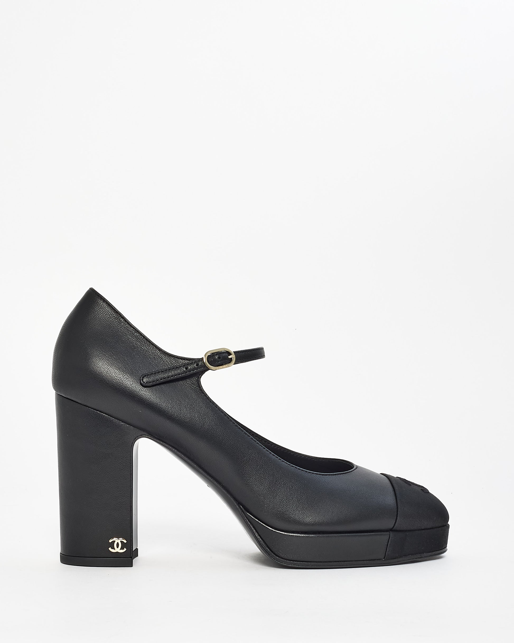 Buy Chanel Black Lambskin Leather Platform Block Heel Mary Jane