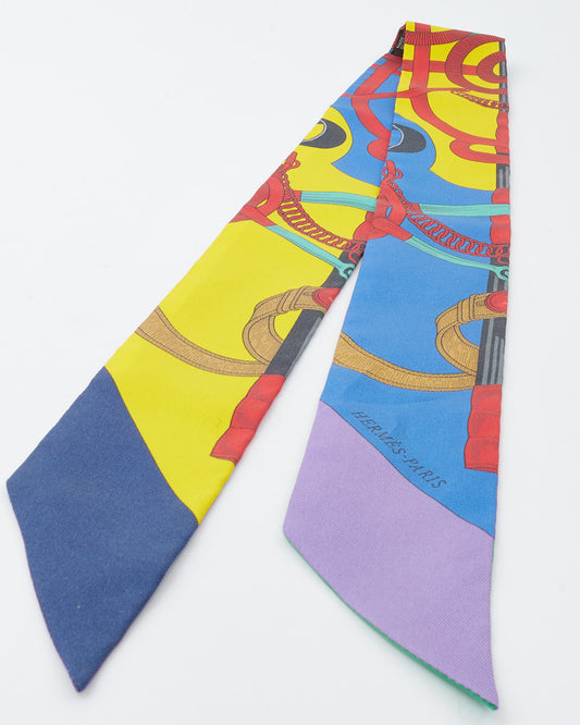 Hermès Violet Jaune Vert Silk Eperon D'Or Silk Twilly