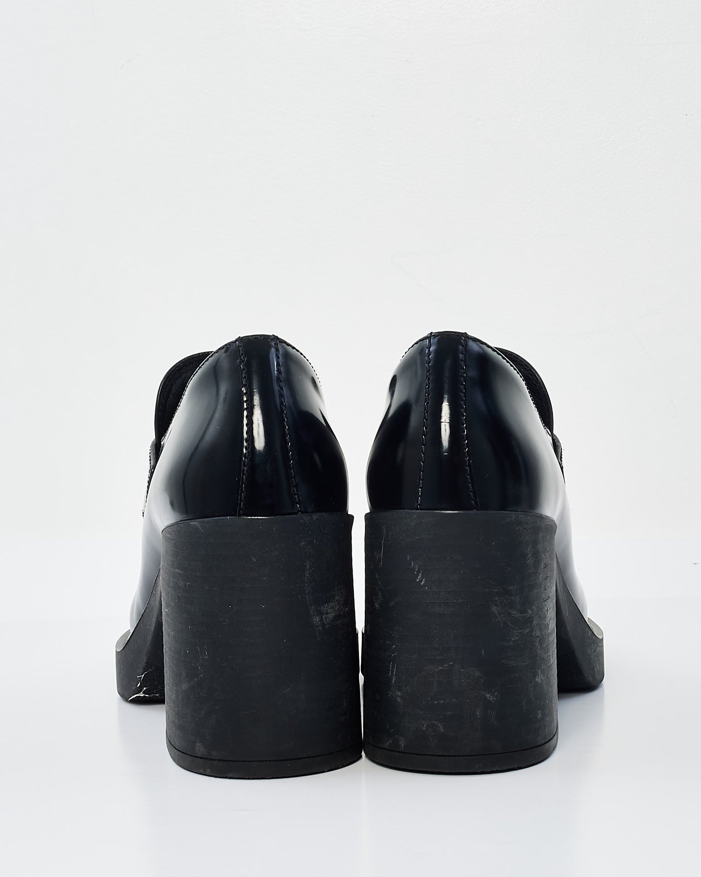 Prada Black Patent Leather Block Heel Logo Loafers - 38