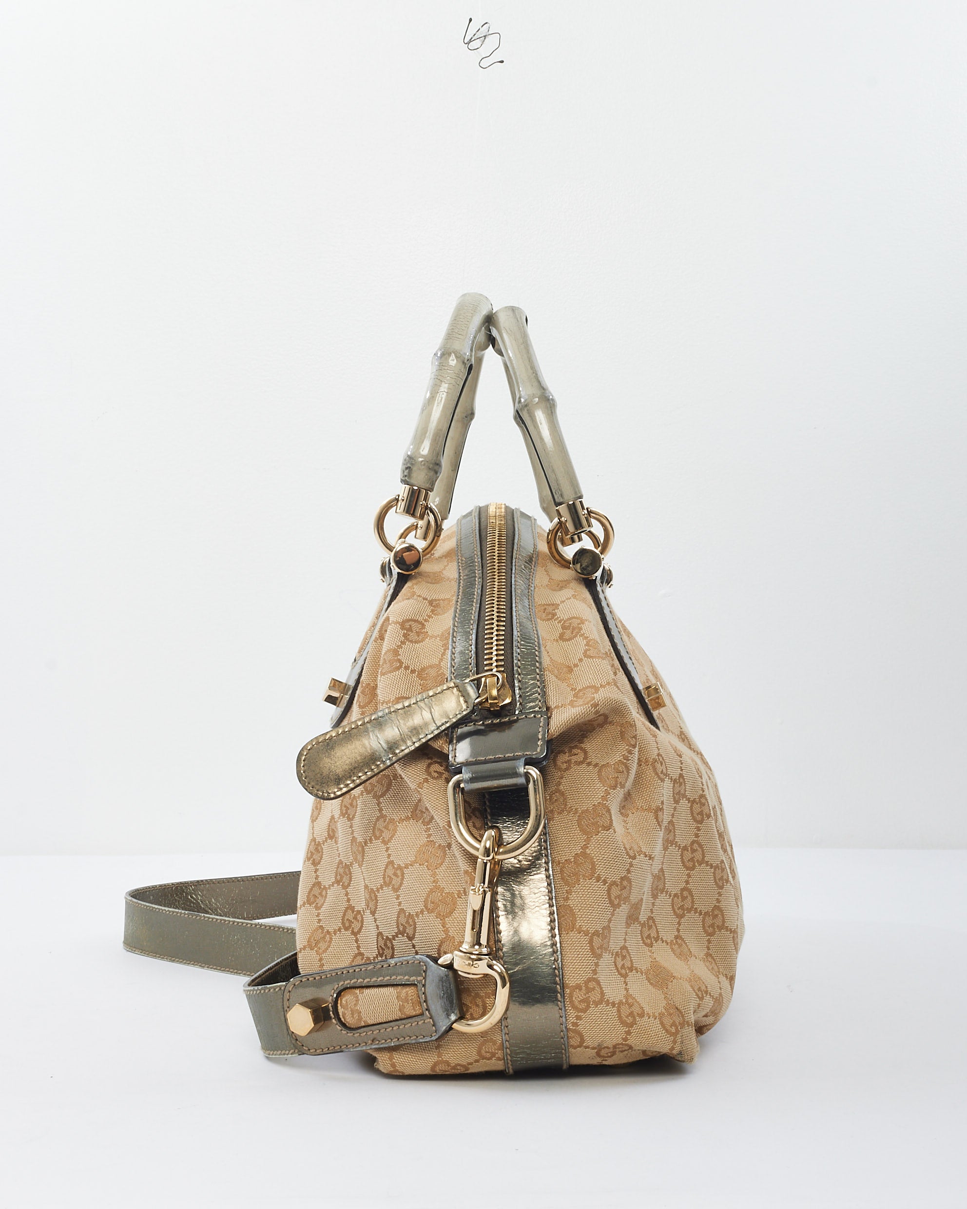 Buy Gucci Beige Monogram Bamboo Frame Satchel Cloth Handbag