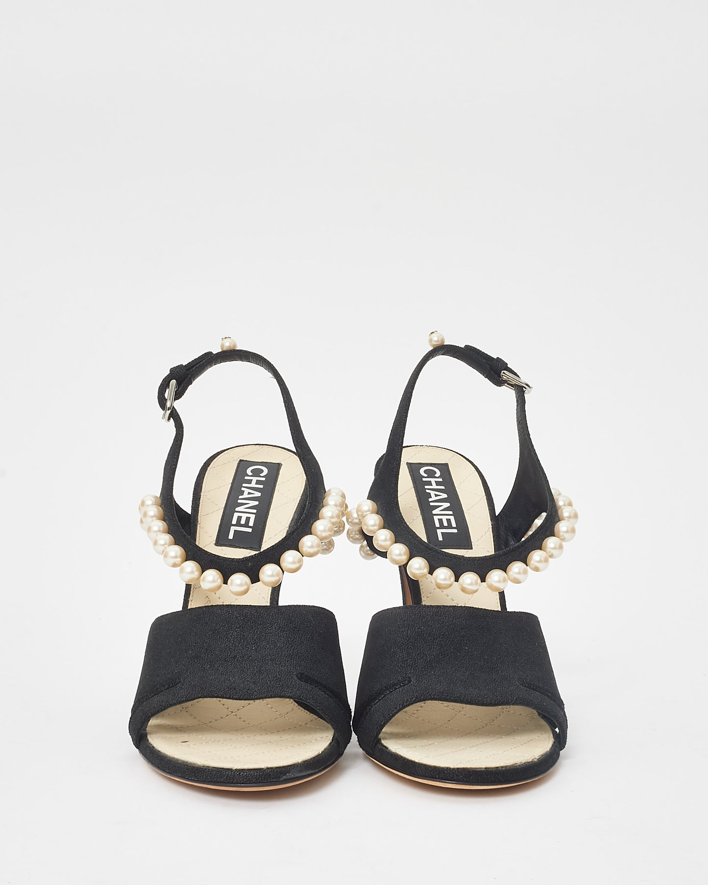 Chanel Black Fabric & Pearl Strappy Heel Sandals - 40