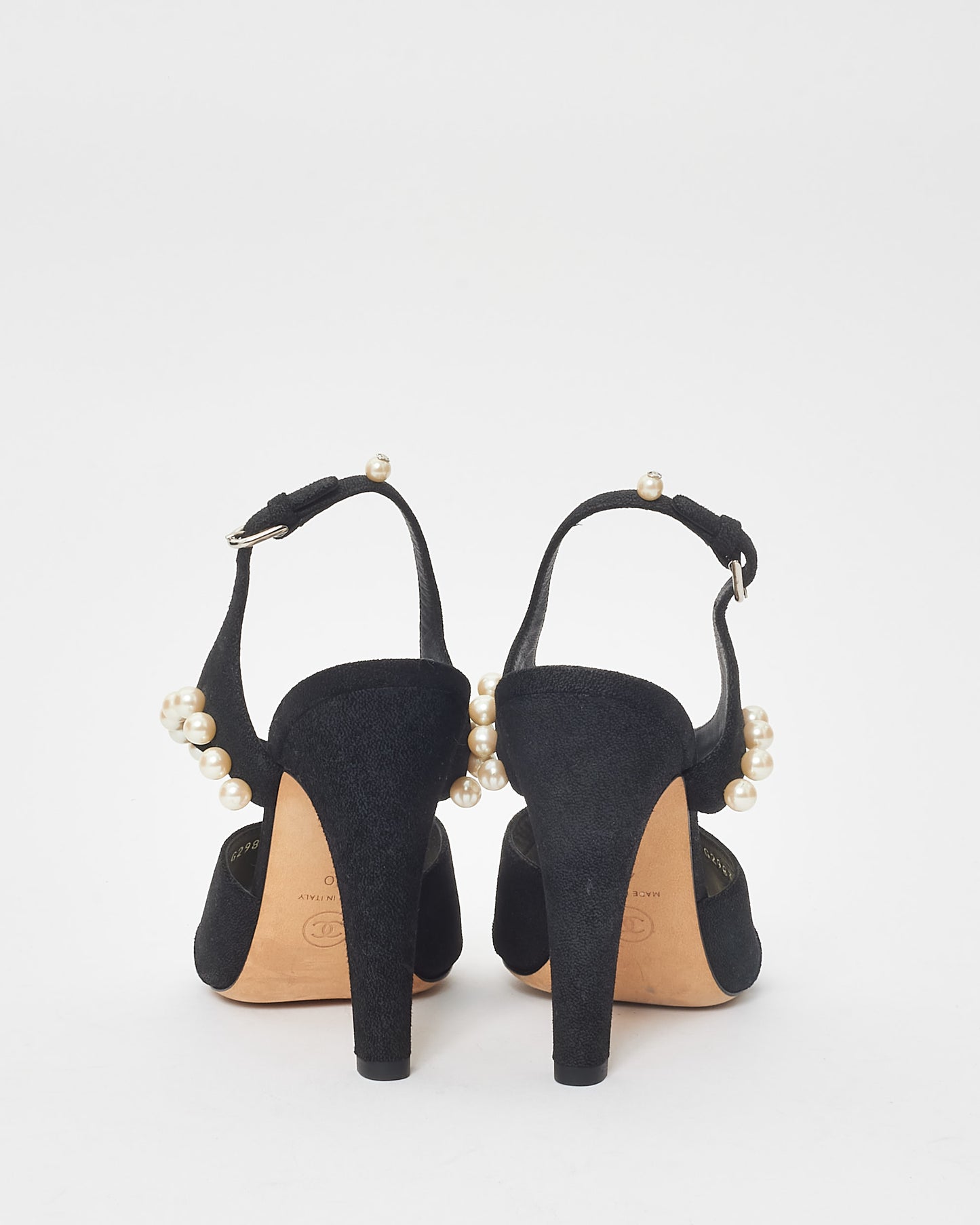 Chanel Black Fabric & Pearl Strappy Heel Sandals - 40