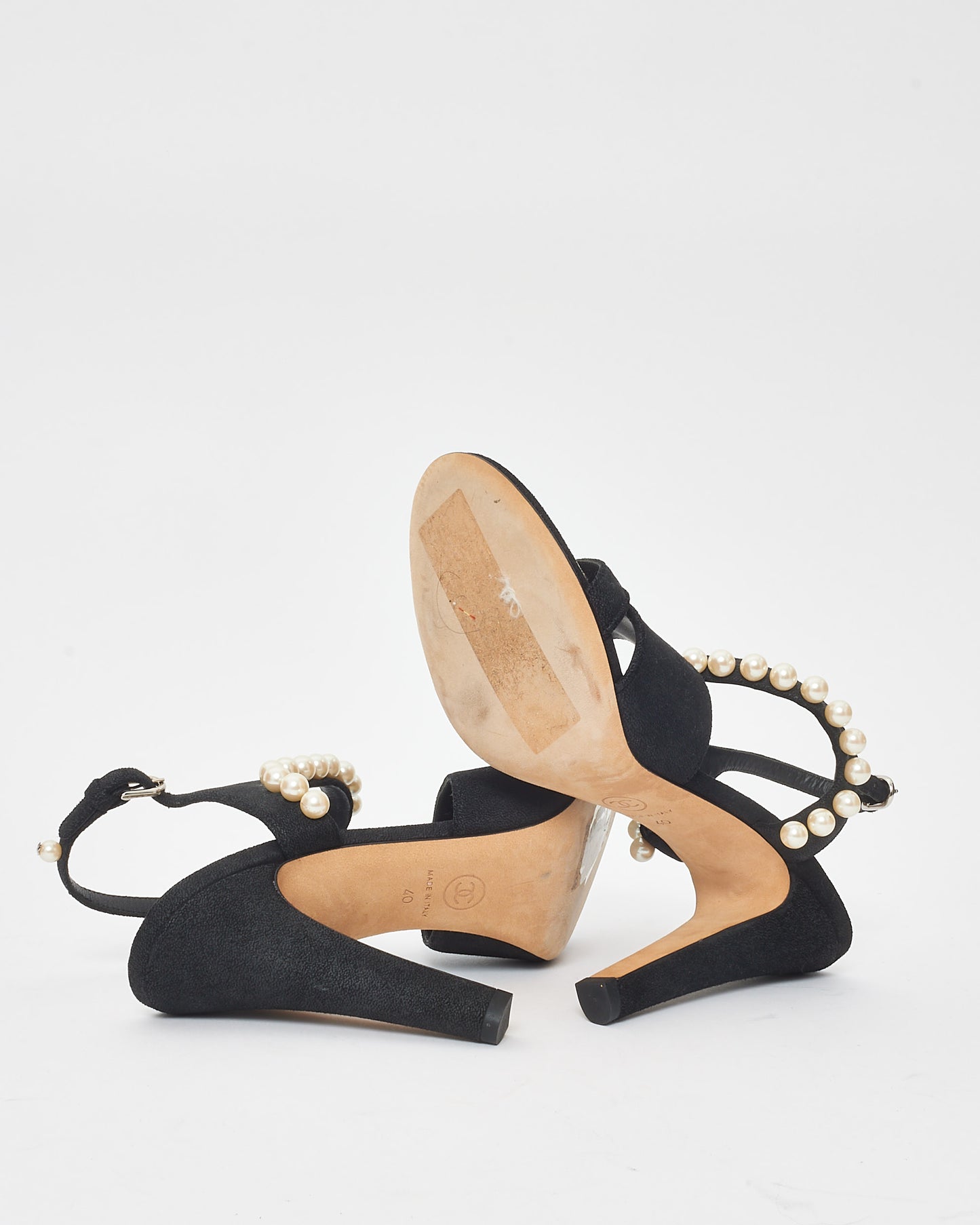 Chanel Black Fabric & Pearl Strappy Heel Sandals - 40