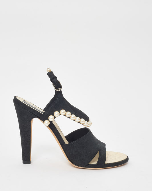 Chanel Black Fabric & Pearl Strappy Heel Sandals - 40