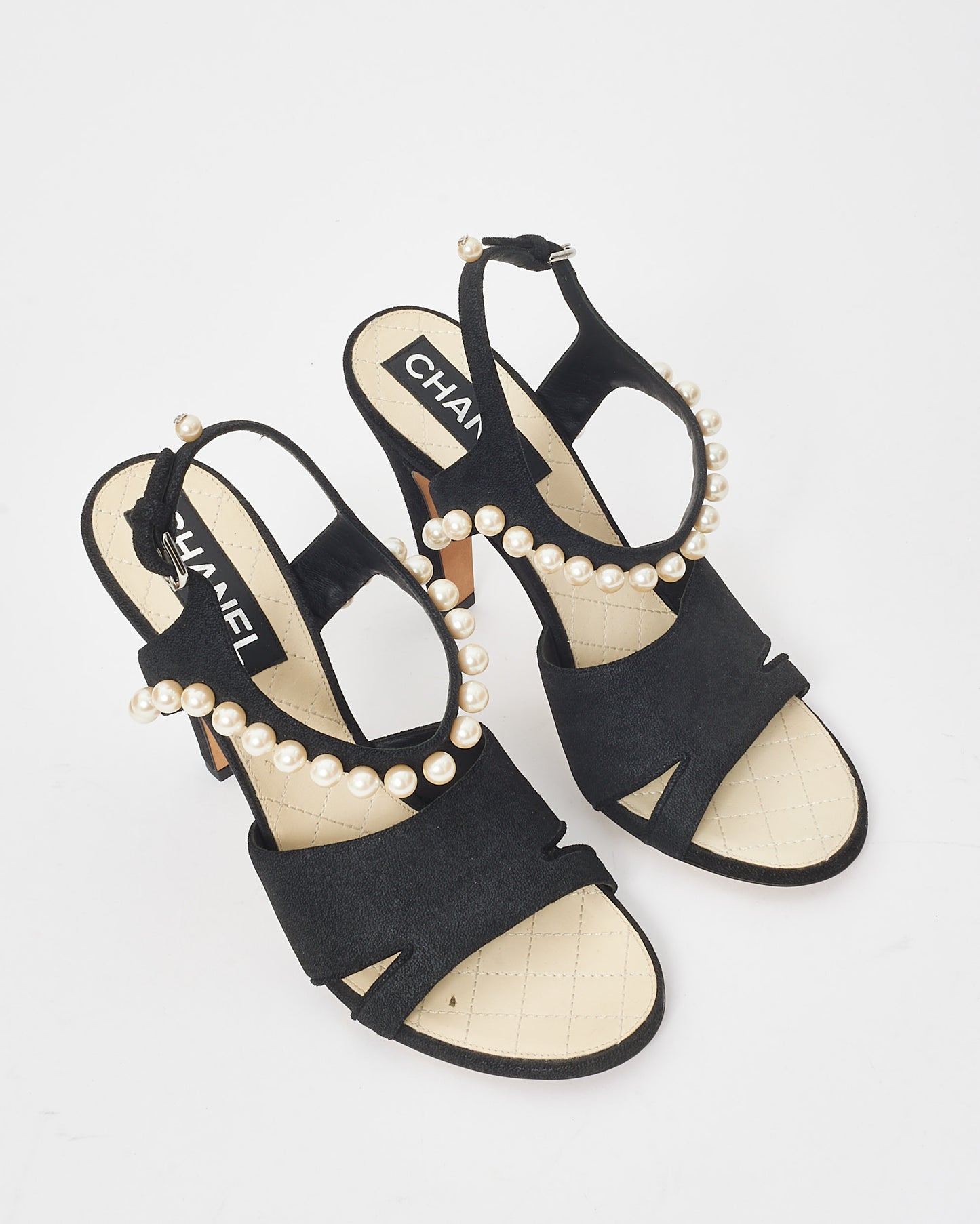 Chanel Black Fabric & Pearl Strappy Heel Sandals - 40