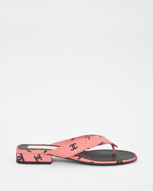 Buy Chanel Pink Black Logo Leather 22S Flip Flop Sandals