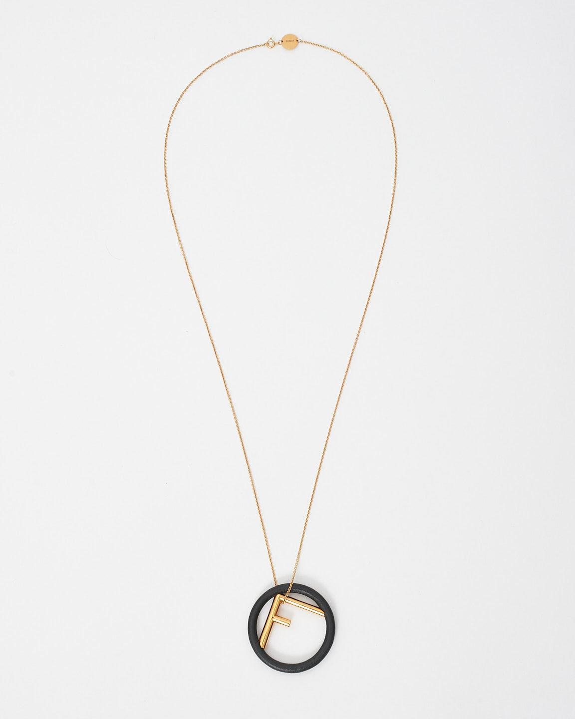 Fendi Black Leather & Gold Logo Pendant Necklace