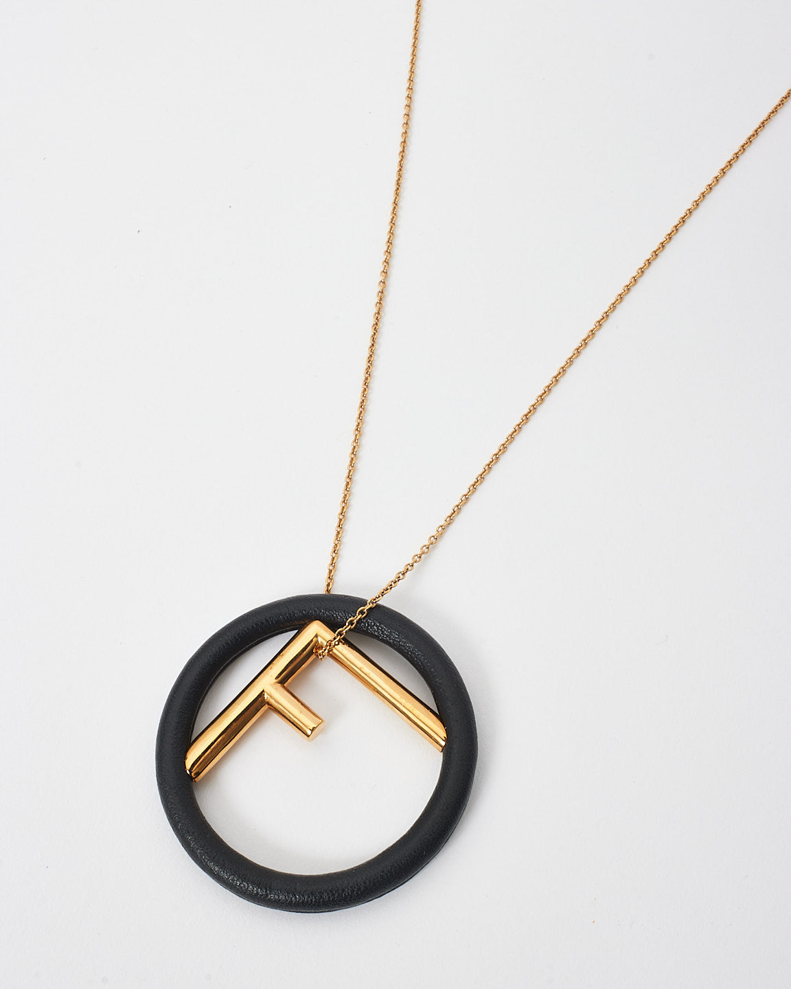Fendi Black Leather & Gold Logo Pendant Necklace