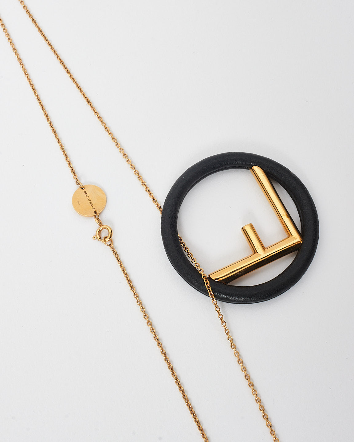 Fendi Black Leather & Gold Logo Pendant Necklace