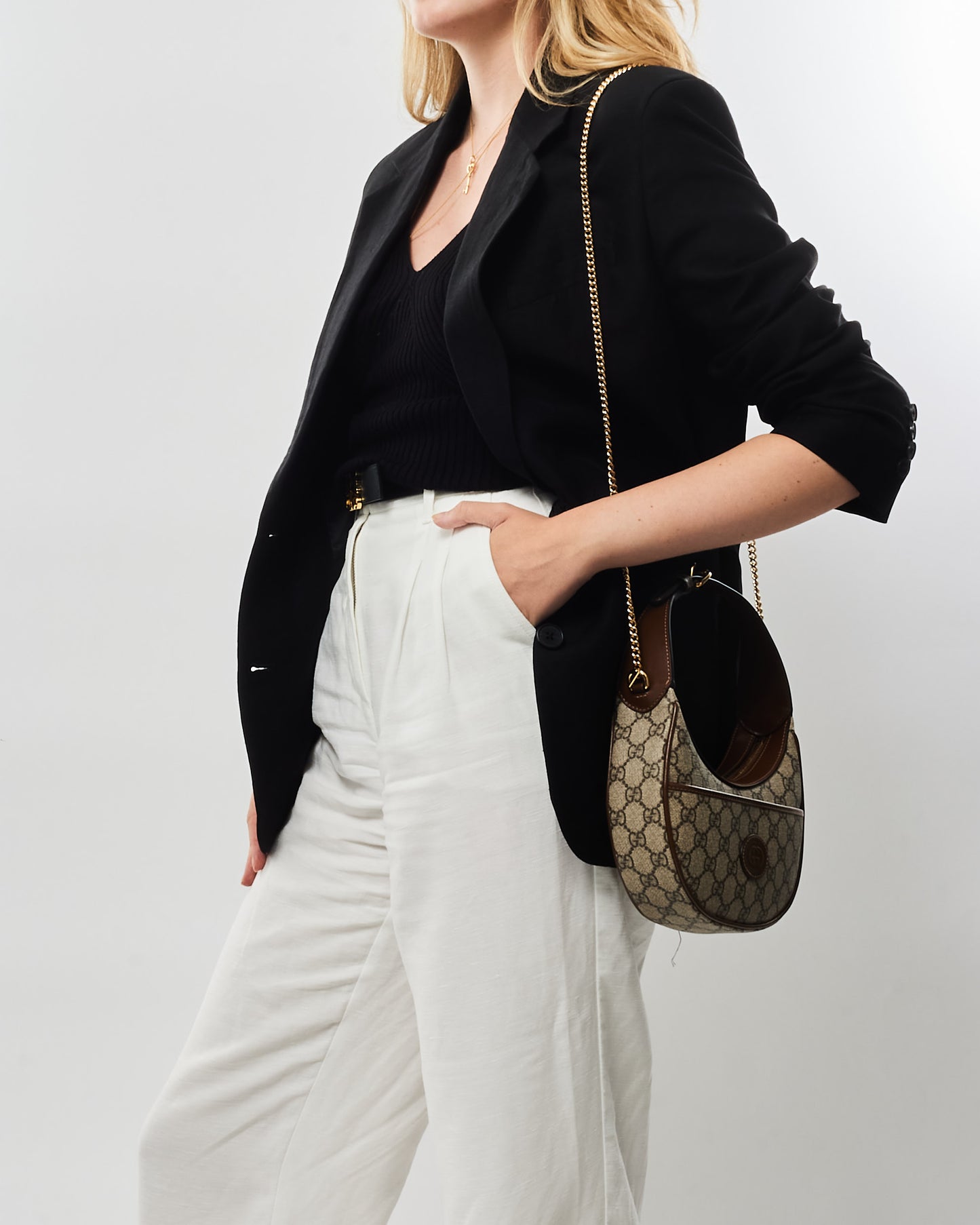 Gucci Monogram Canvas & Brown Leather GG Half-Moon Mini Bag