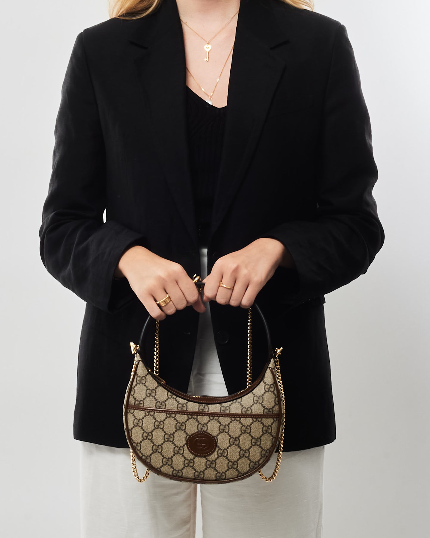Gucci Monogram Canvas & Brown Leather GG Half-Moon Mini Bag