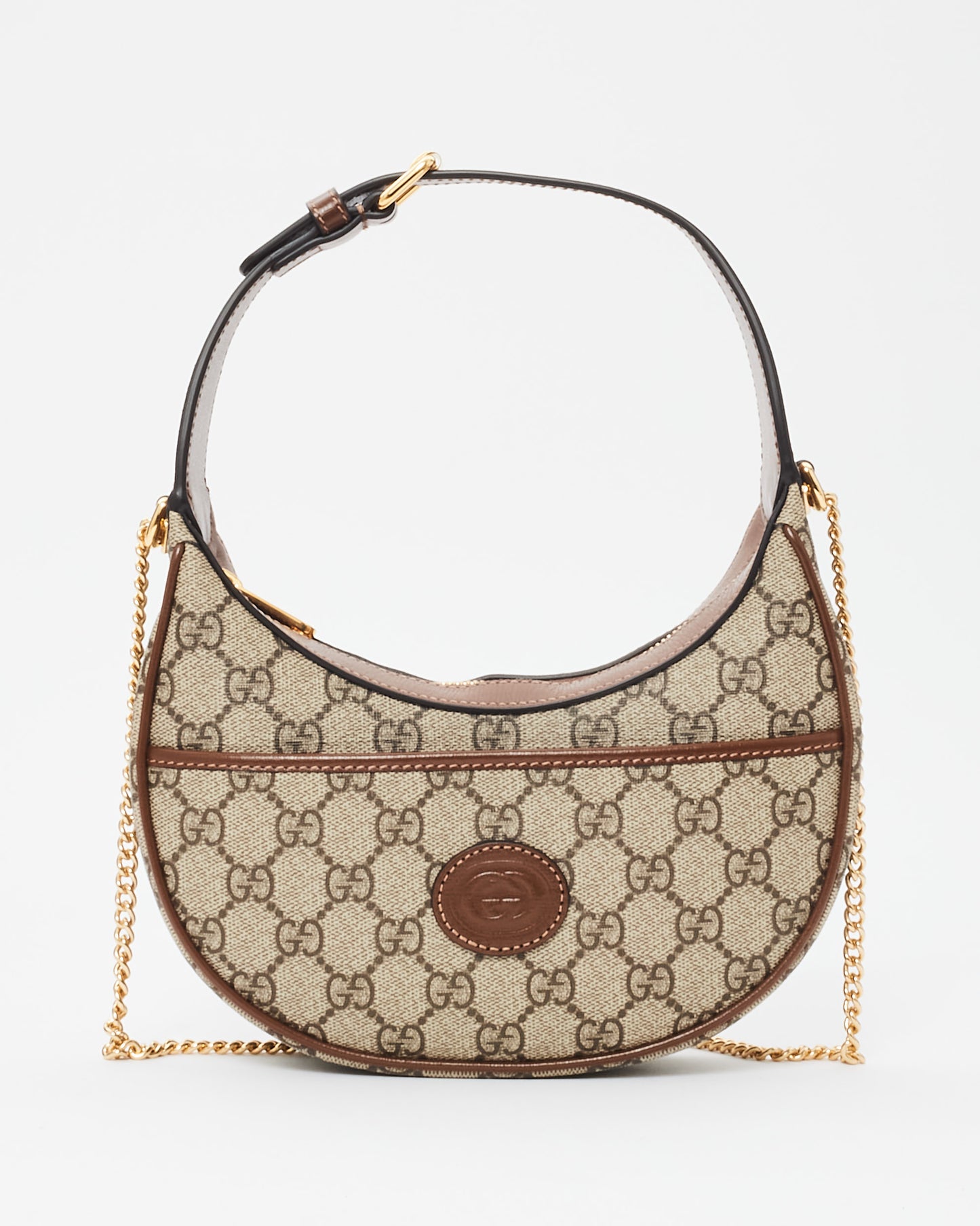 Gucci Monogram Canvas & Brown Leather GG Half-Moon Mini Bag