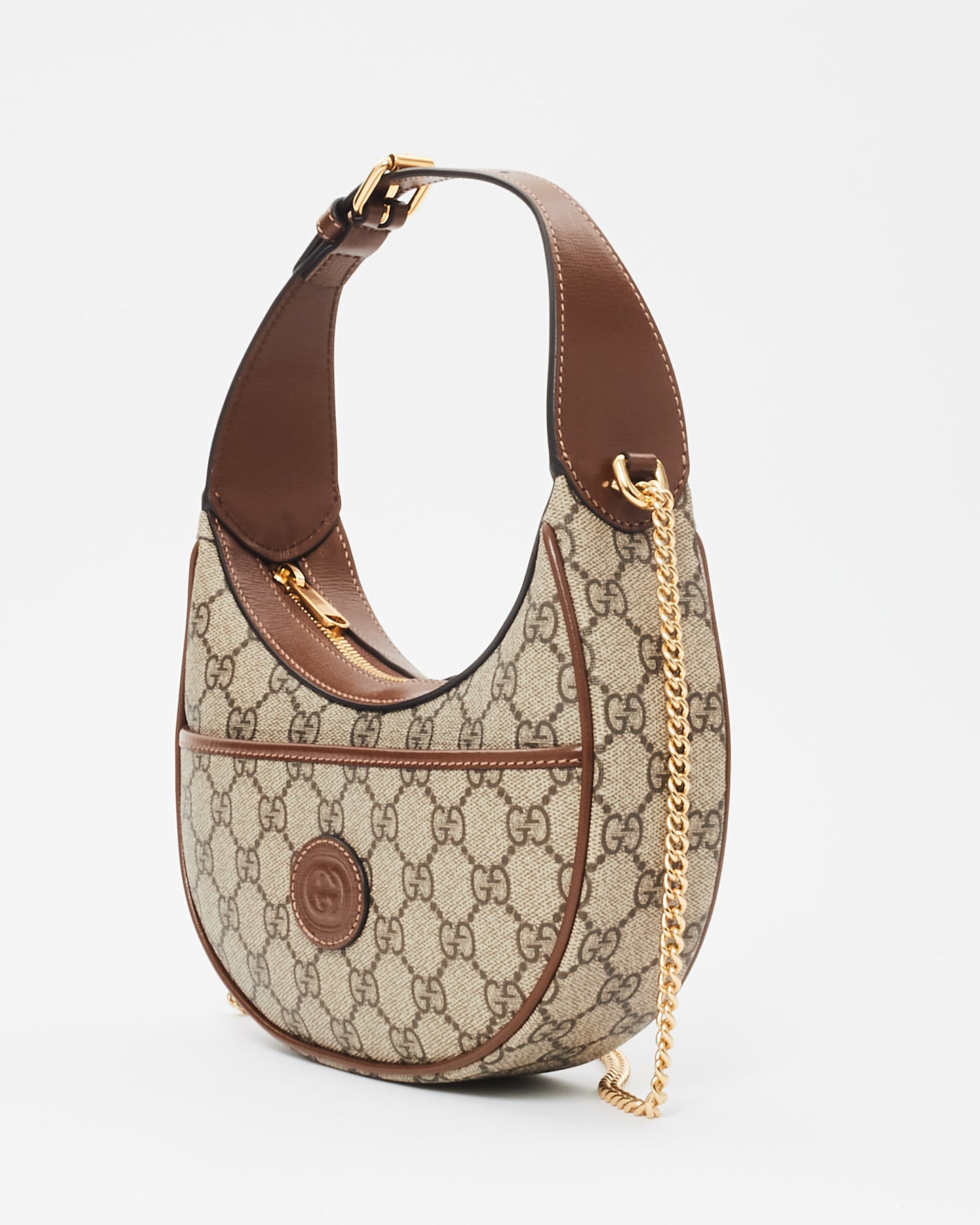 Gucci Monogram Canvas & Brown Leather GG Half-Moon Mini Bag