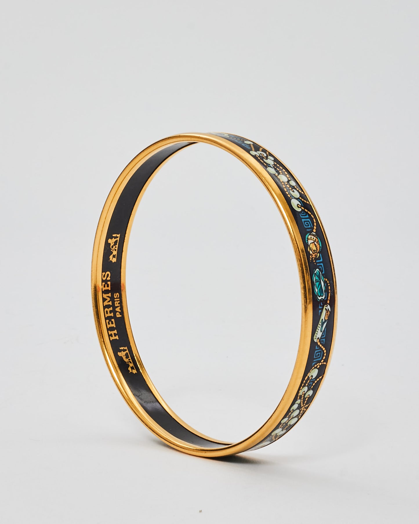 Hermès Gold & Black Blue Pattern Enamel Thin Bangle