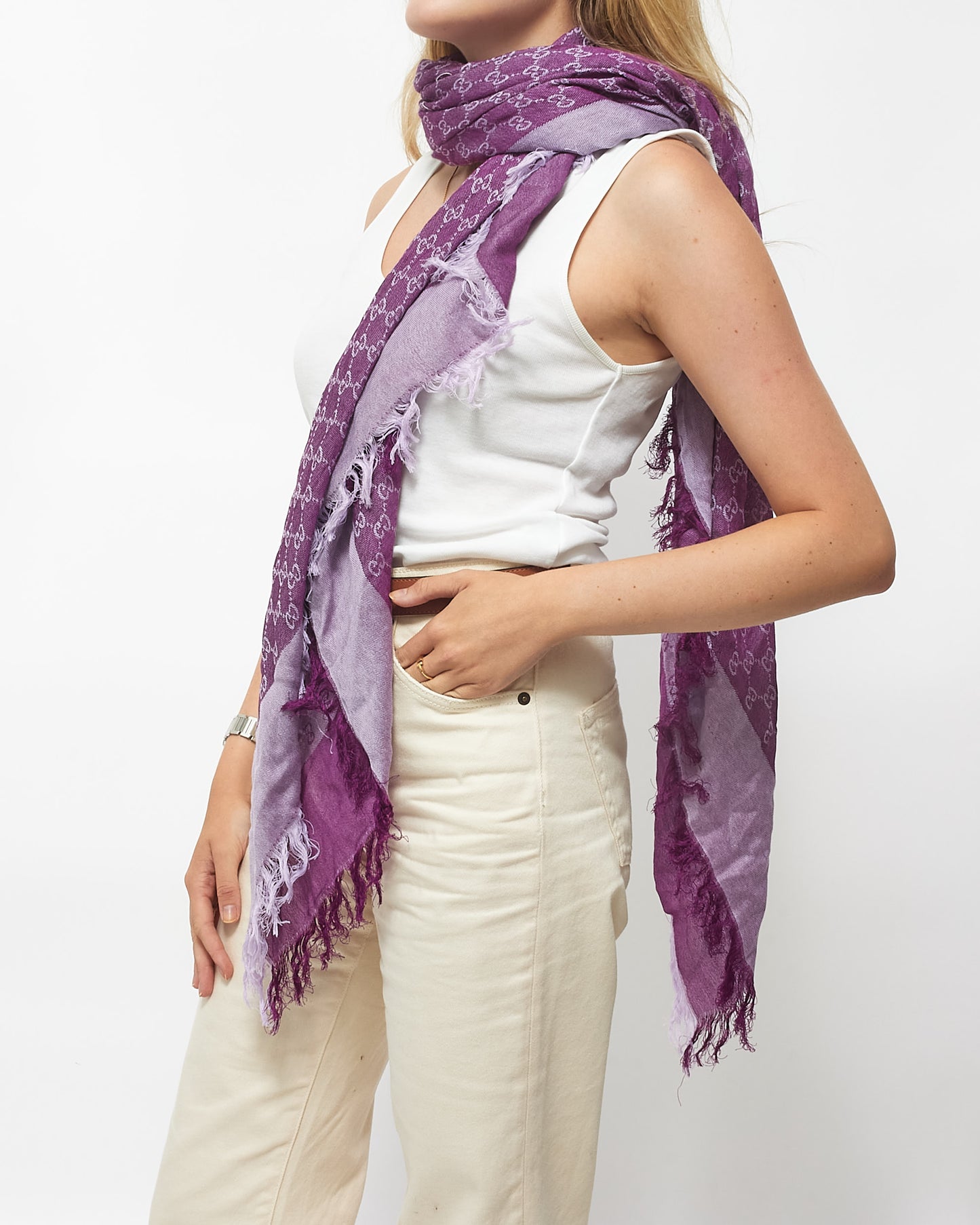 Gucci Purple Cotton & Silk Monogram Logo Shawl