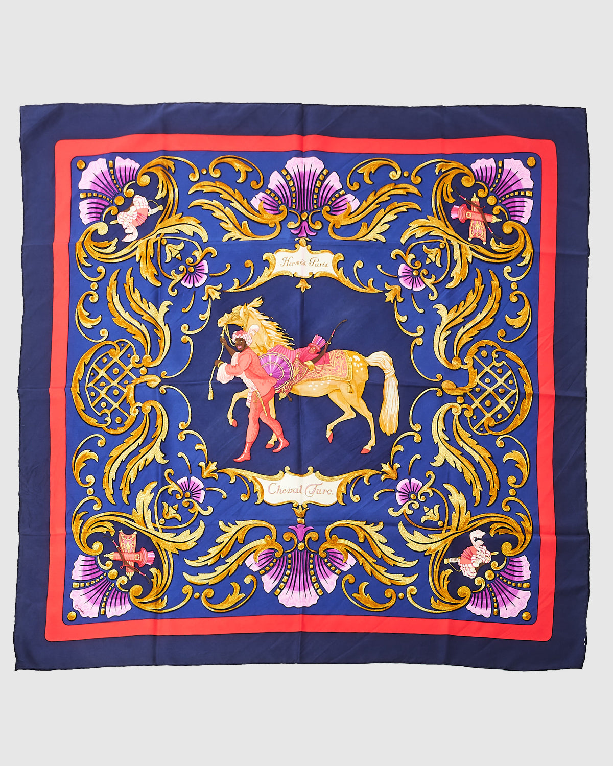 Hermès Navy Blue & Red "Cheval Turc" Silk Scarf