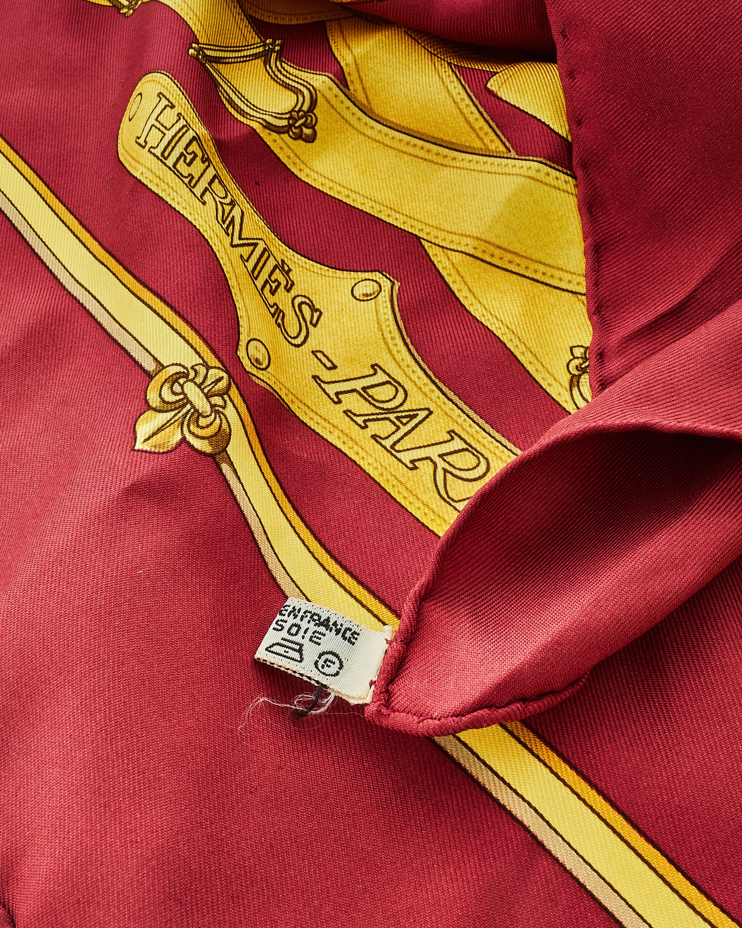 Hermès Burgundy & Yellow "Cavalcadour" Silk Scarf