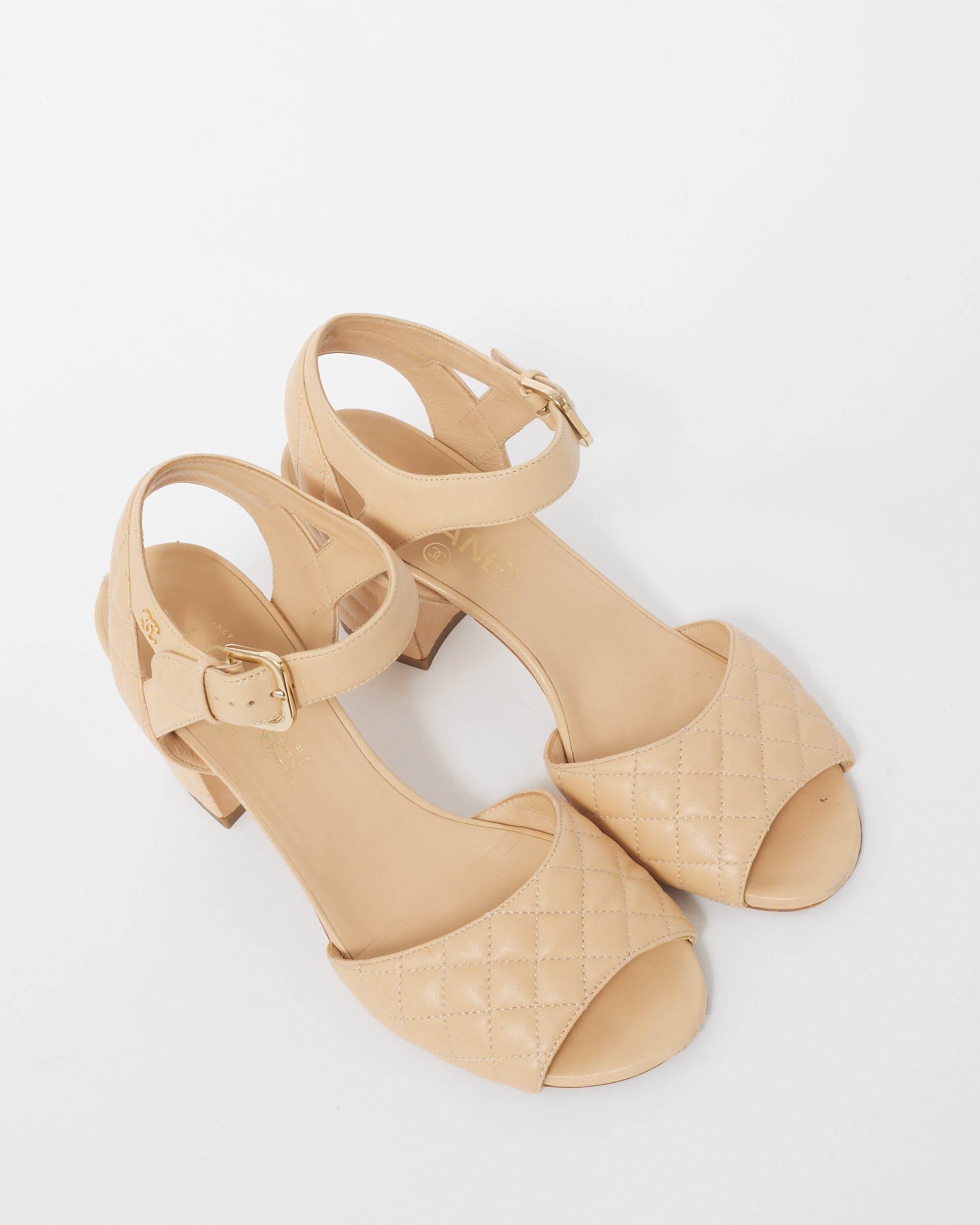 Buy Chanel Beige Quilted Leather CC Block Heel Ankle Strap