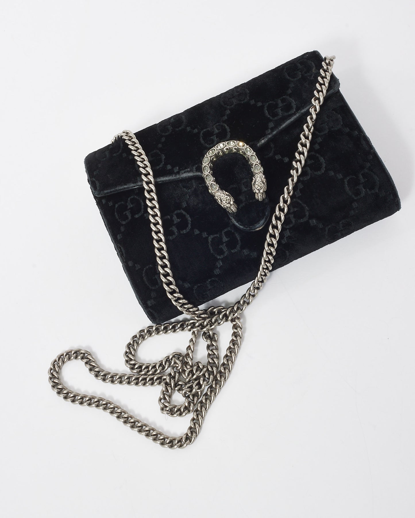 Gucci Black Velvet Monogram GG Crystal Dionysus Wallet On Chain