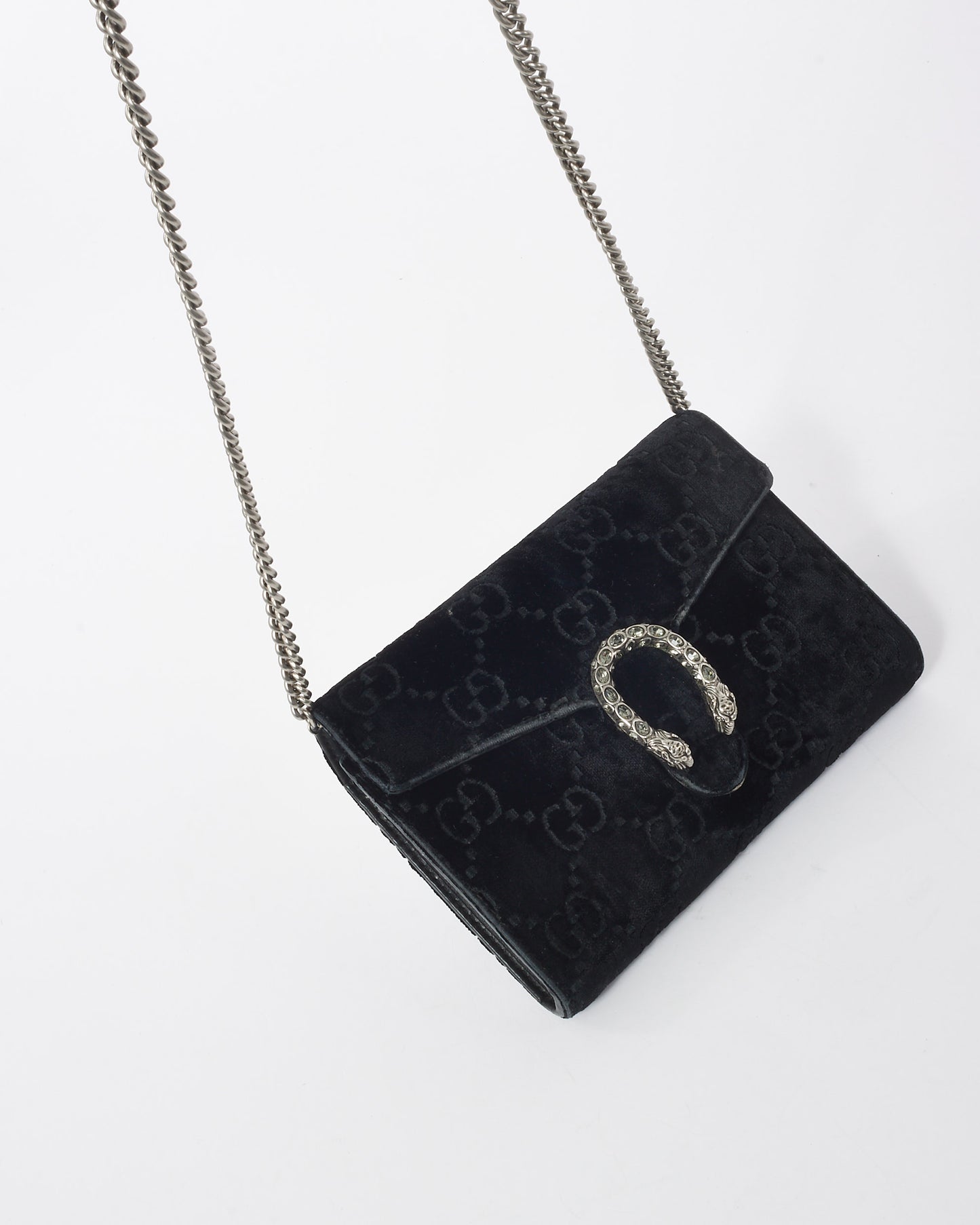 Gucci Black Velvet Monogram GG Crystal Dionysus Wallet On Chain
