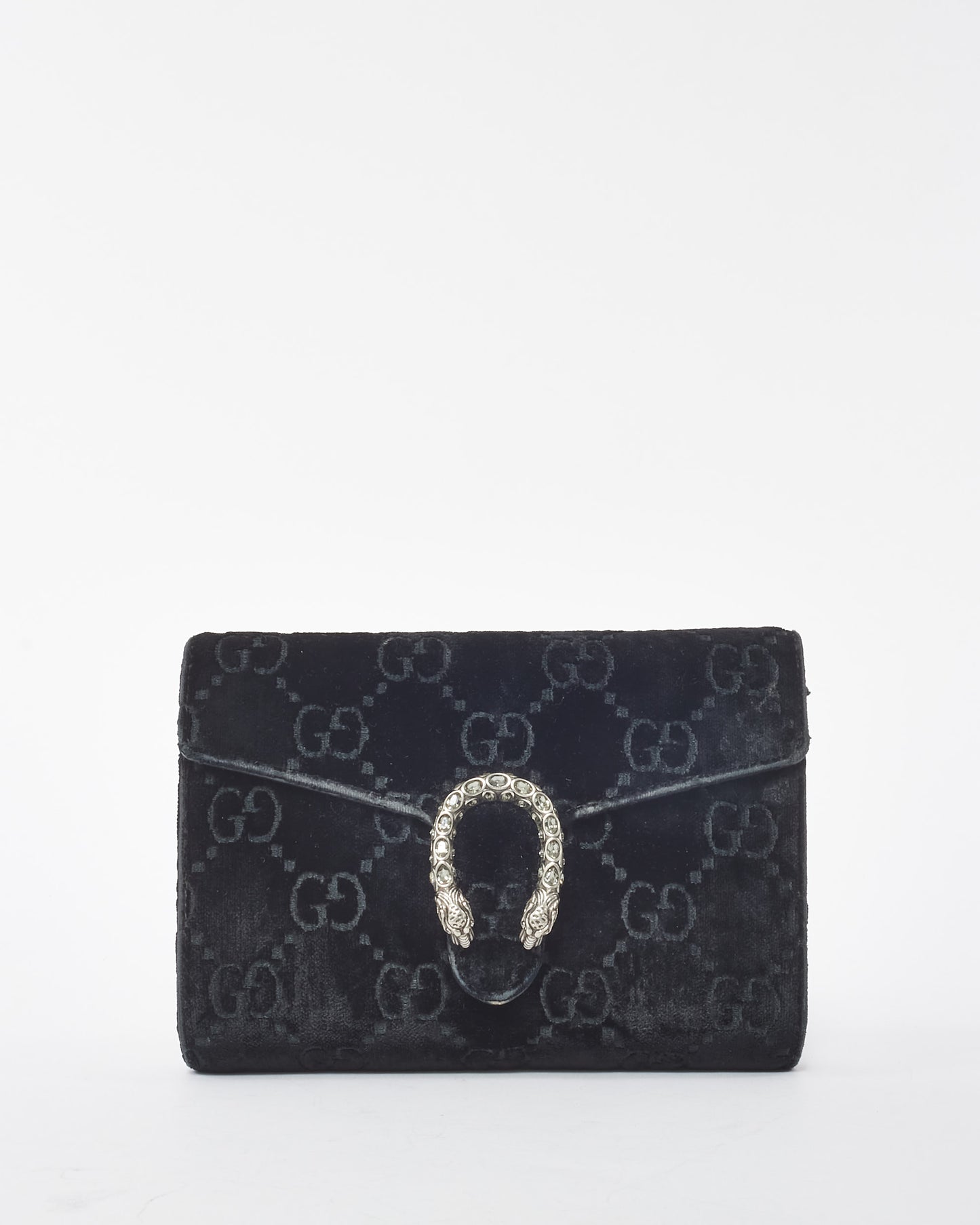 Gucci Black Velvet Monogram GG Crystal Dionysus Wallet On Chain