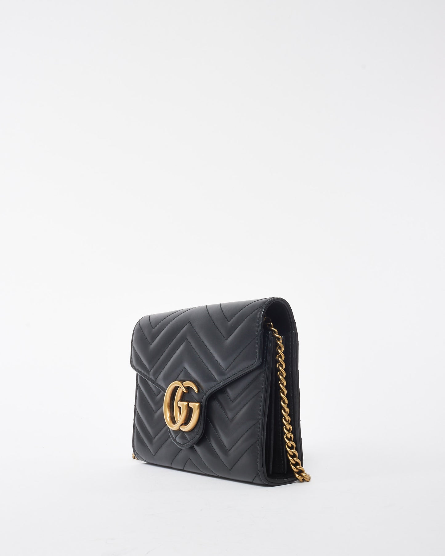 Gucci Black Matelassé Chevron Leather GG Marmont Wallet on Chain