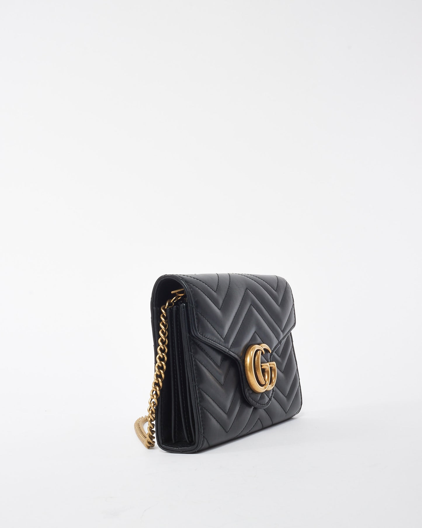 Gucci Black Matelassé Chevron Leather GG Marmont Wallet on Chain