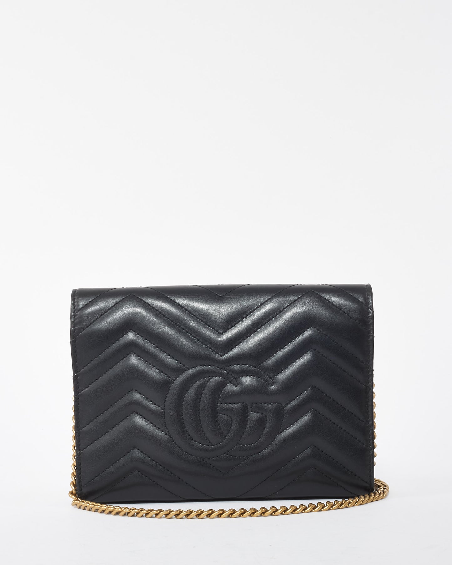 Gucci Black Matelassé Chevron Leather GG Marmont Wallet on Chain