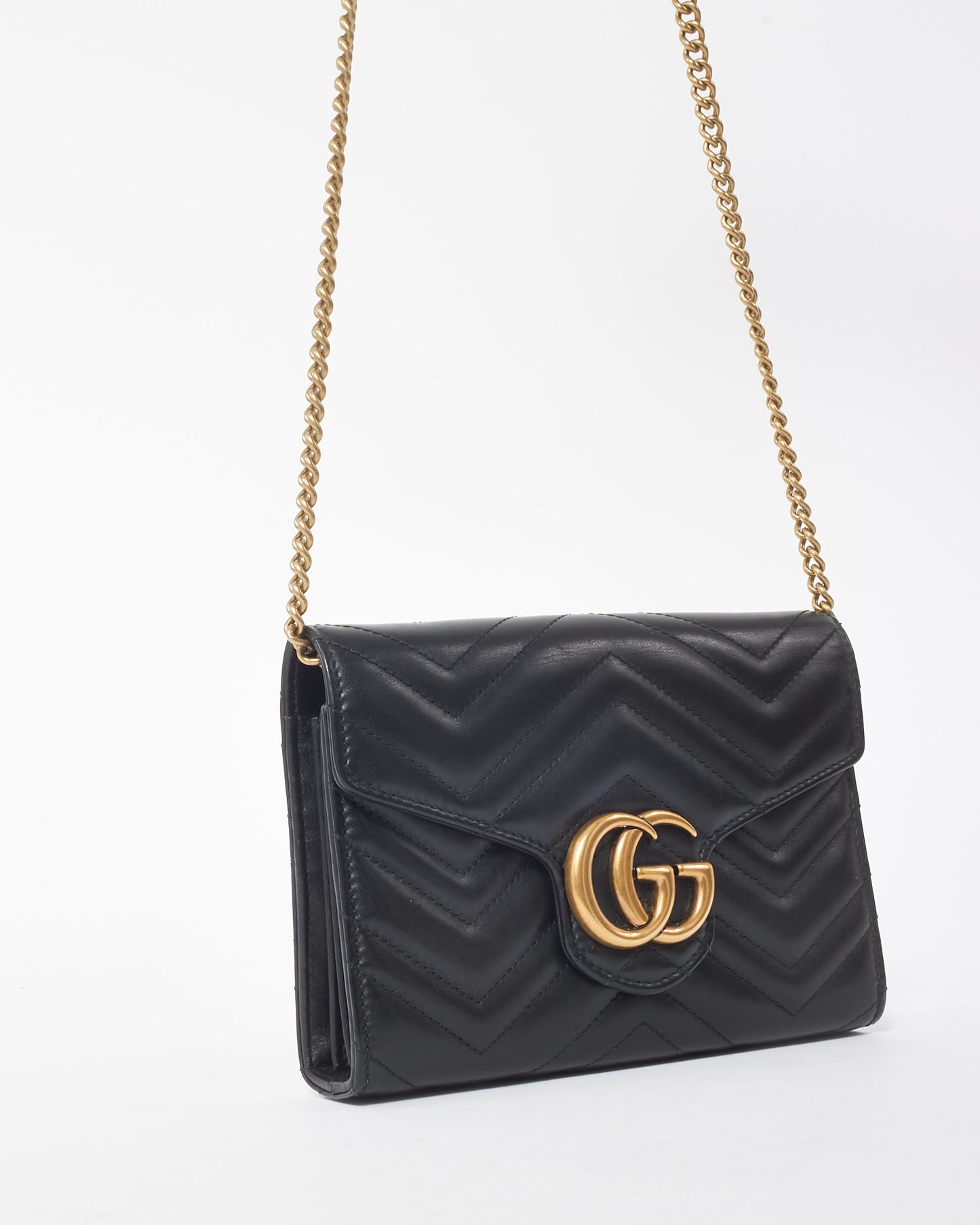 Gucci Black Matelassé Chevron Leather GG Marmont Wallet on Chain