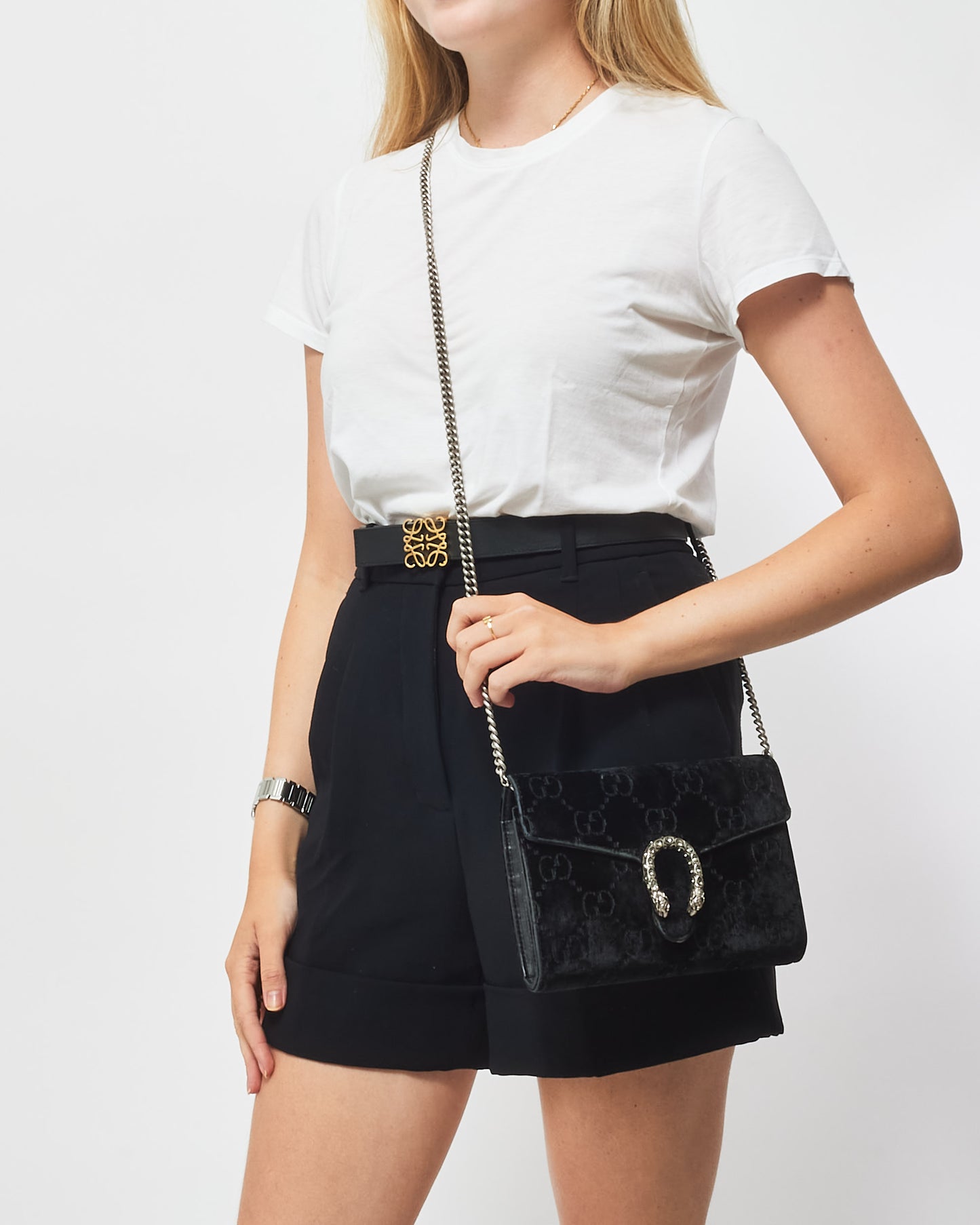 Gucci Black Velvet Monogram GG Crystal Dionysus Wallet On Chain