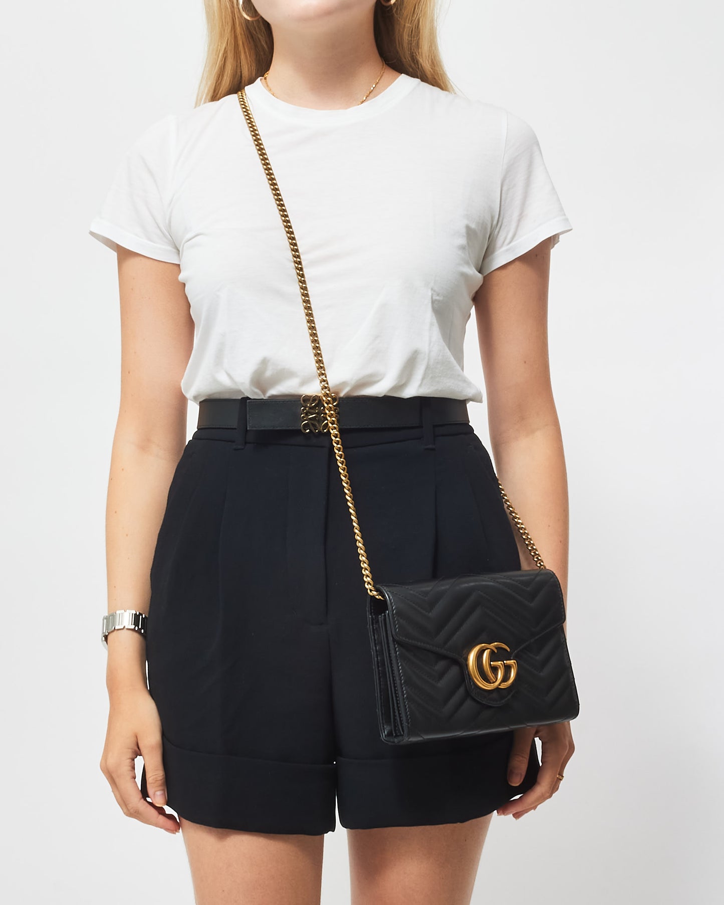 Gucci Black Matelassé Chevron Leather GG Marmont Wallet on Chain