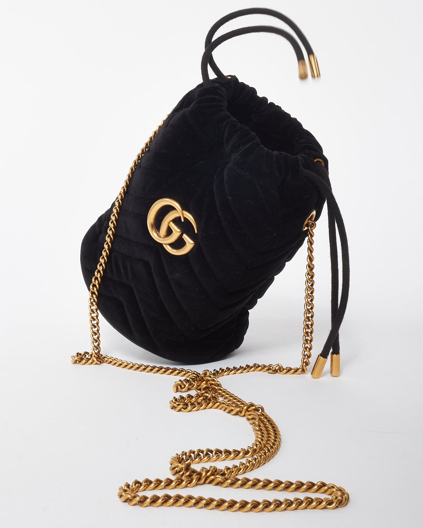 Gucci Black Velvet Matelasse Mini GG Marmont 2.0 Bucket Bag