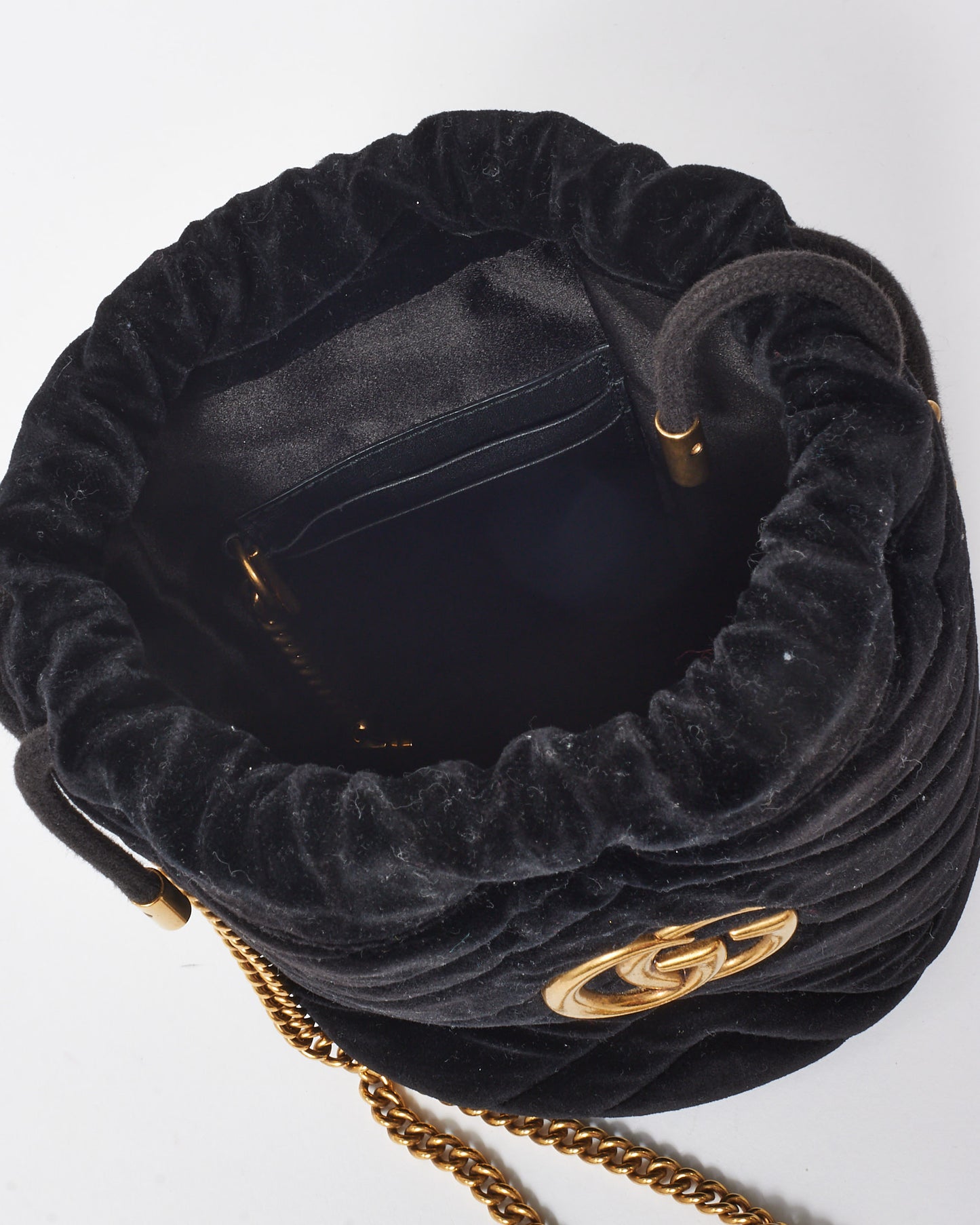 Gucci Black Velvet Matelasse Mini GG Marmont 2.0 Bucket Bag