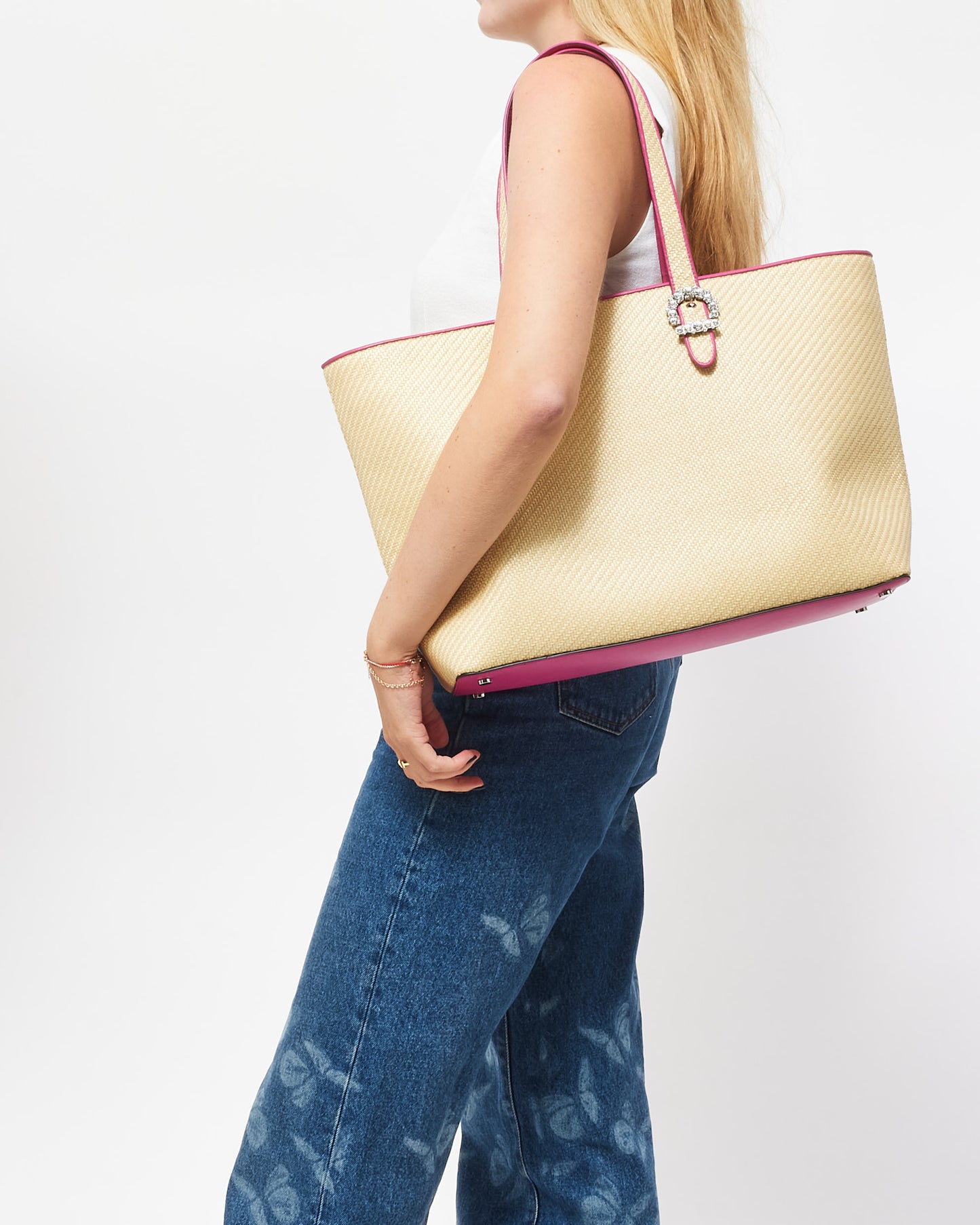 Jimmy Choo Pink Leather & Raffia Embellished Cheri Tote Bag