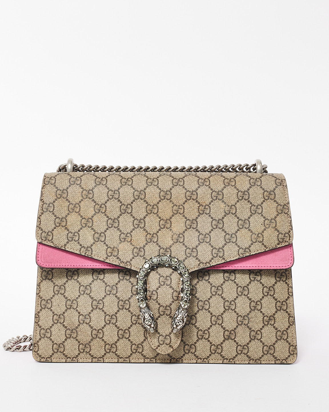 Gucci Beige Monogram GG Supreme Canvas & Pink Jewel Dionysus Large Shoulder Bag