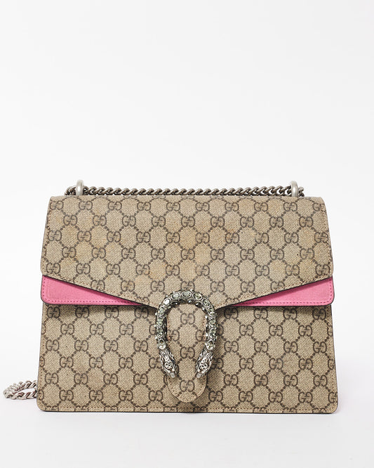 Gucci Beige Monogram GG Supreme Canvas & Pink Jewel Dionysus Large Shoulder Bag