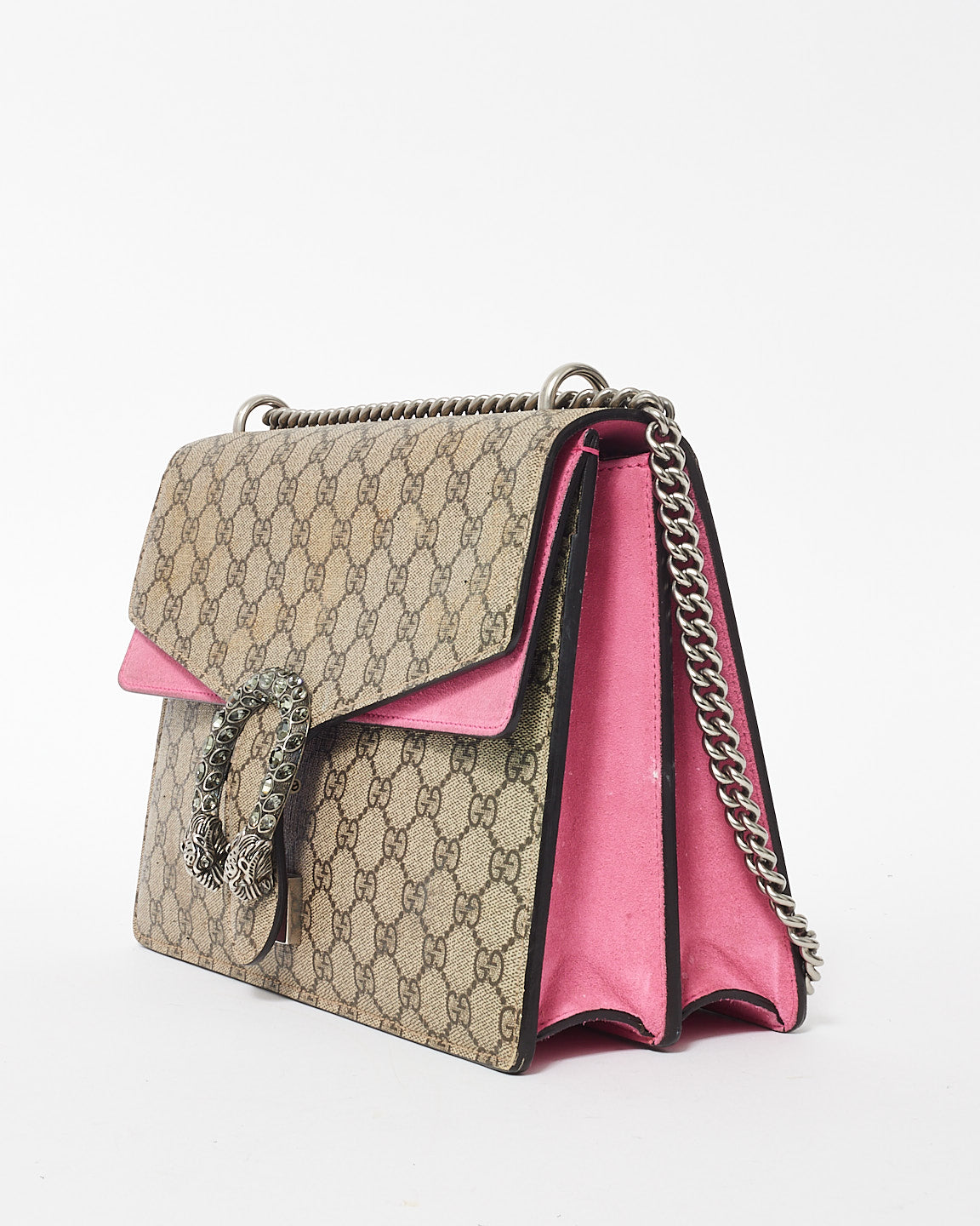 Gucci Beige Monogram GG Supreme Canvas & Pink Jewel Dionysus Large Shoulder Bag