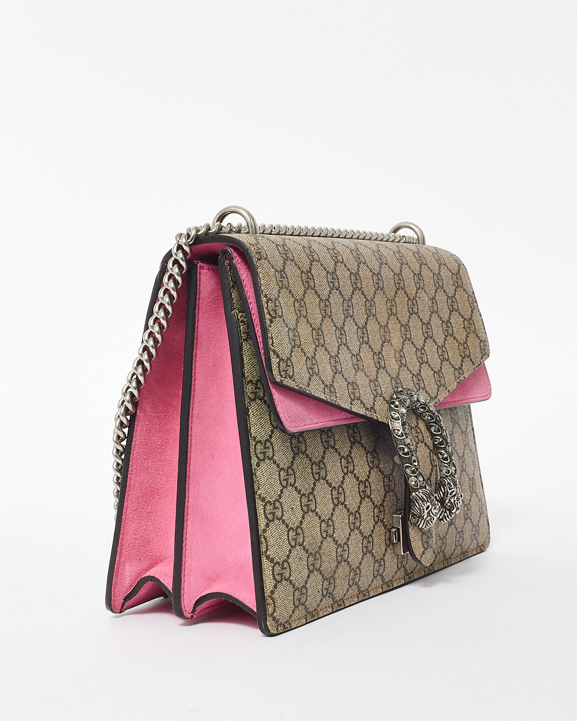 Gucci Beige Monogram GG Supreme Canvas & Pink Jewel Dionysus Large Shoulder Bag