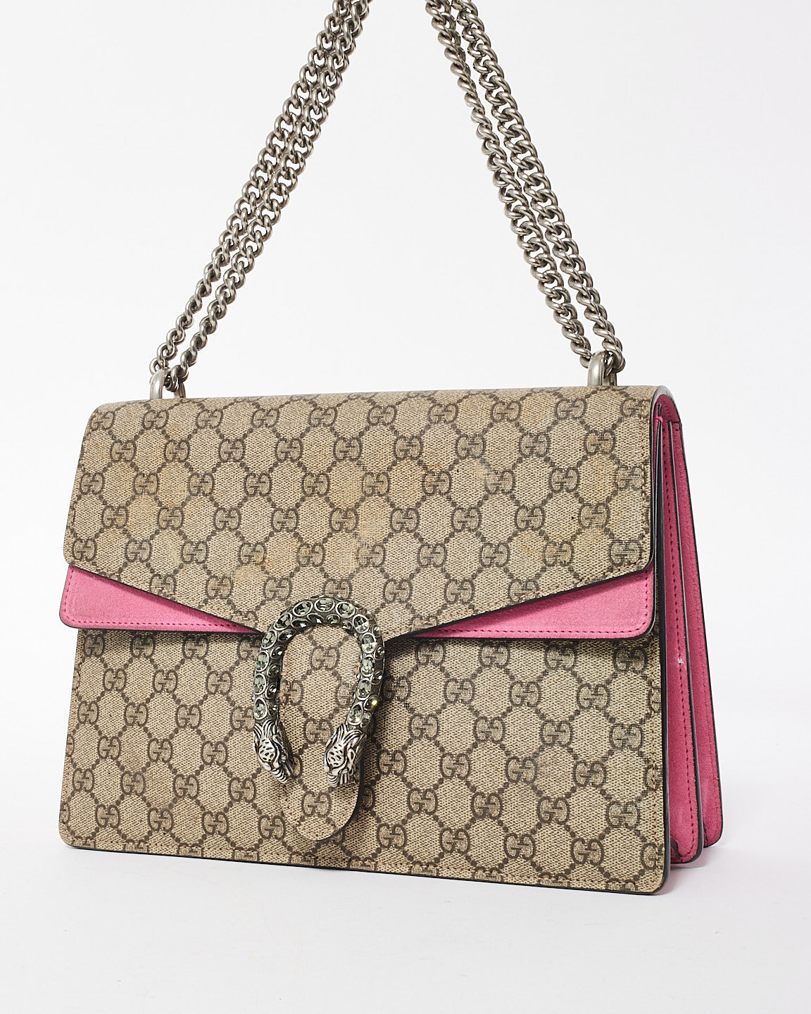 Gucci Beige Monogram GG Supreme Canvas & Pink Jewel Dionysus Large Shoulder Bag