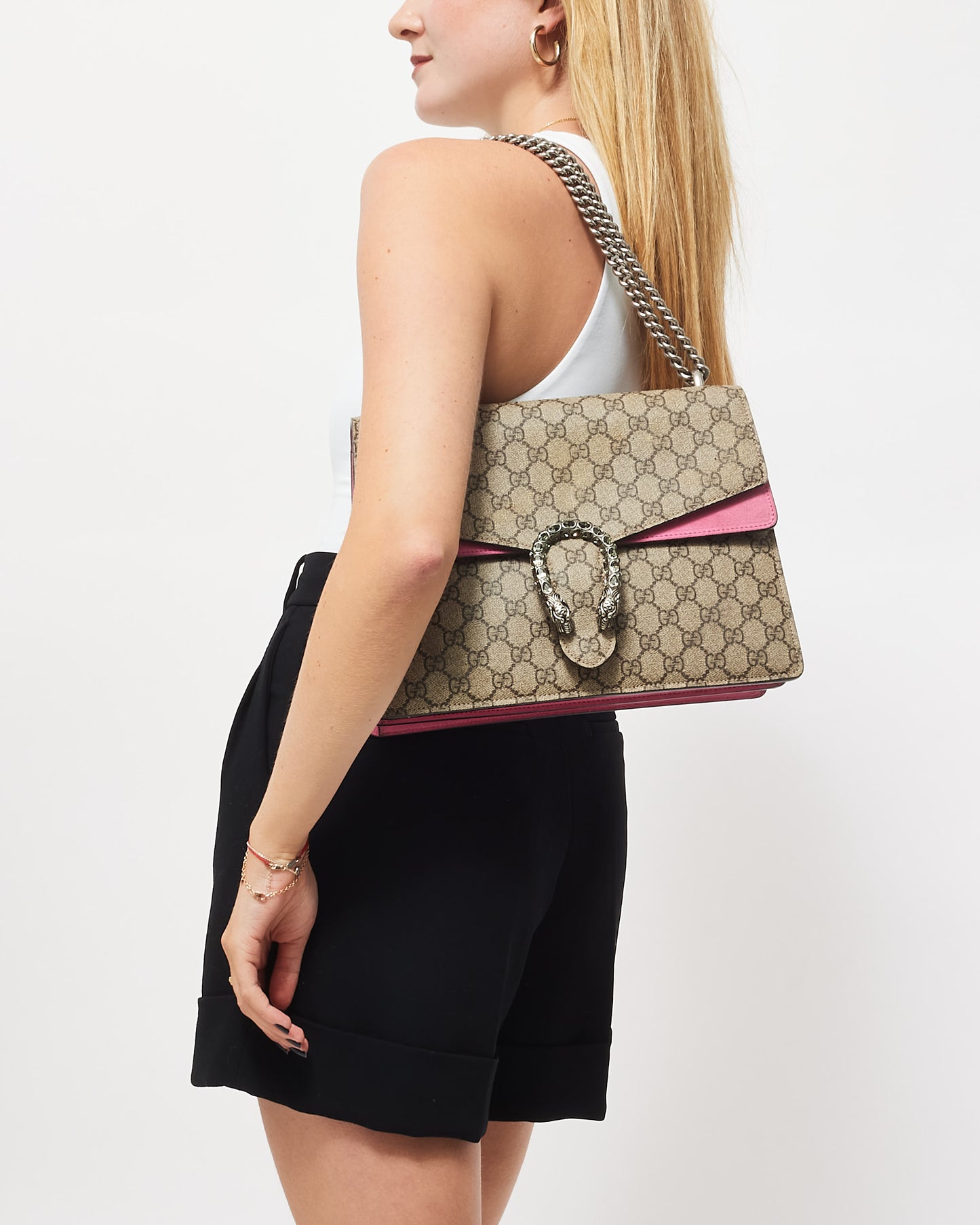 Gucci Beige Monogram GG Supreme Canvas & Pink Jewel Dionysus Large Shoulder Bag